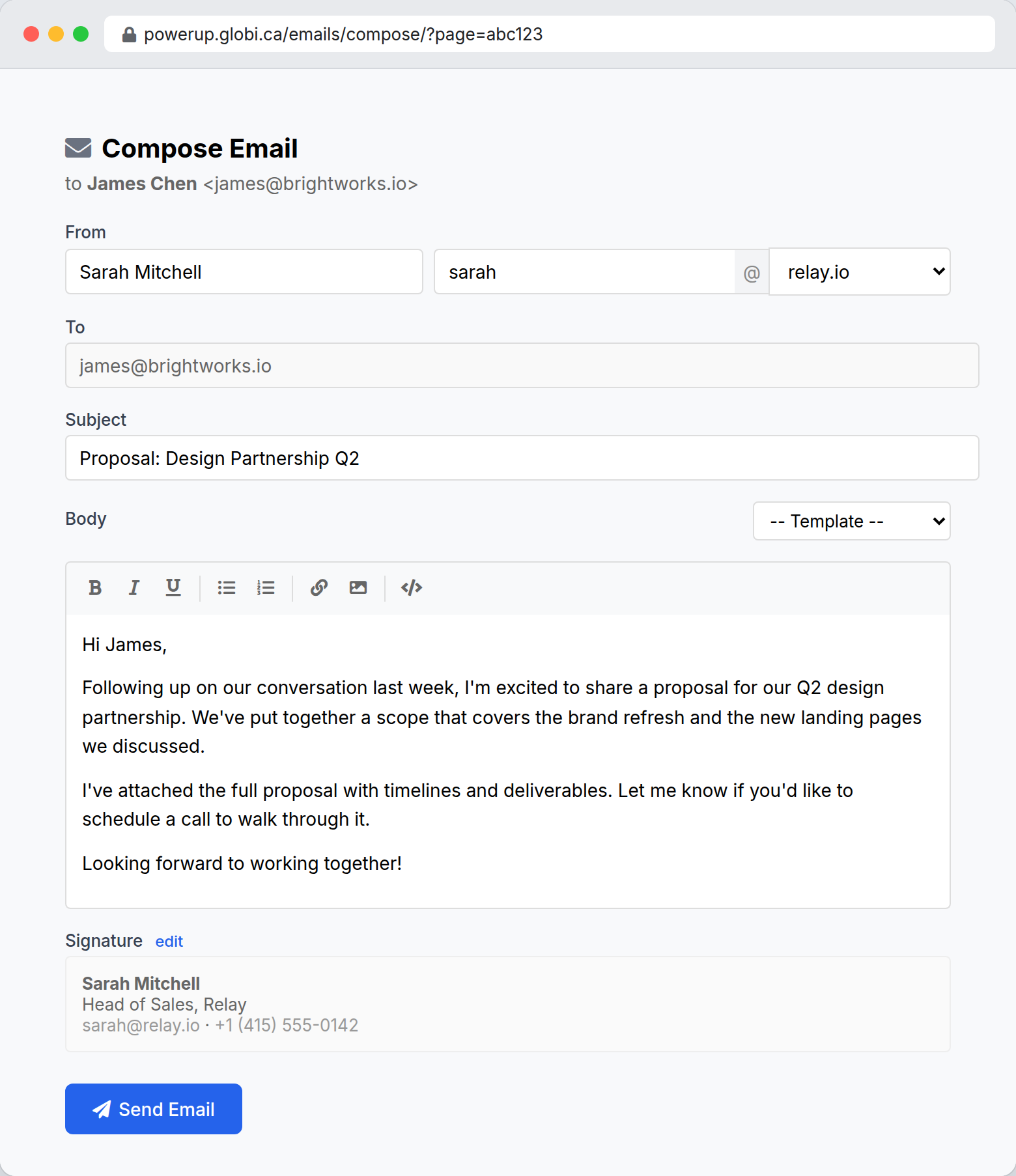 PowerUp email compose window showing a professional email being sent from a Notion database record