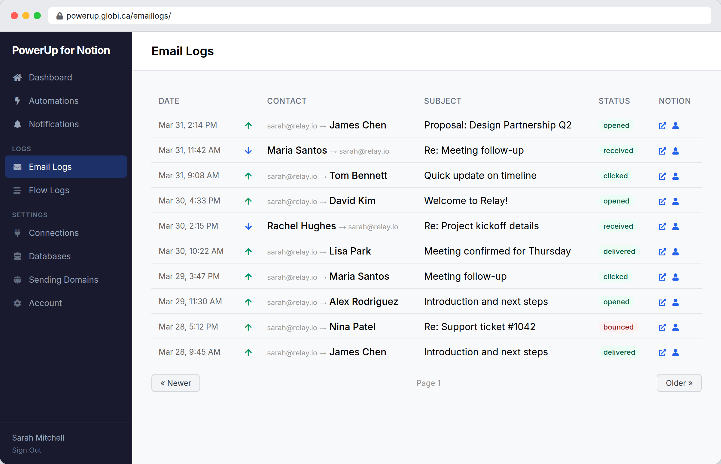 PowerUp email logs table showing delivery status, open tracking, and click tracking for sent emails