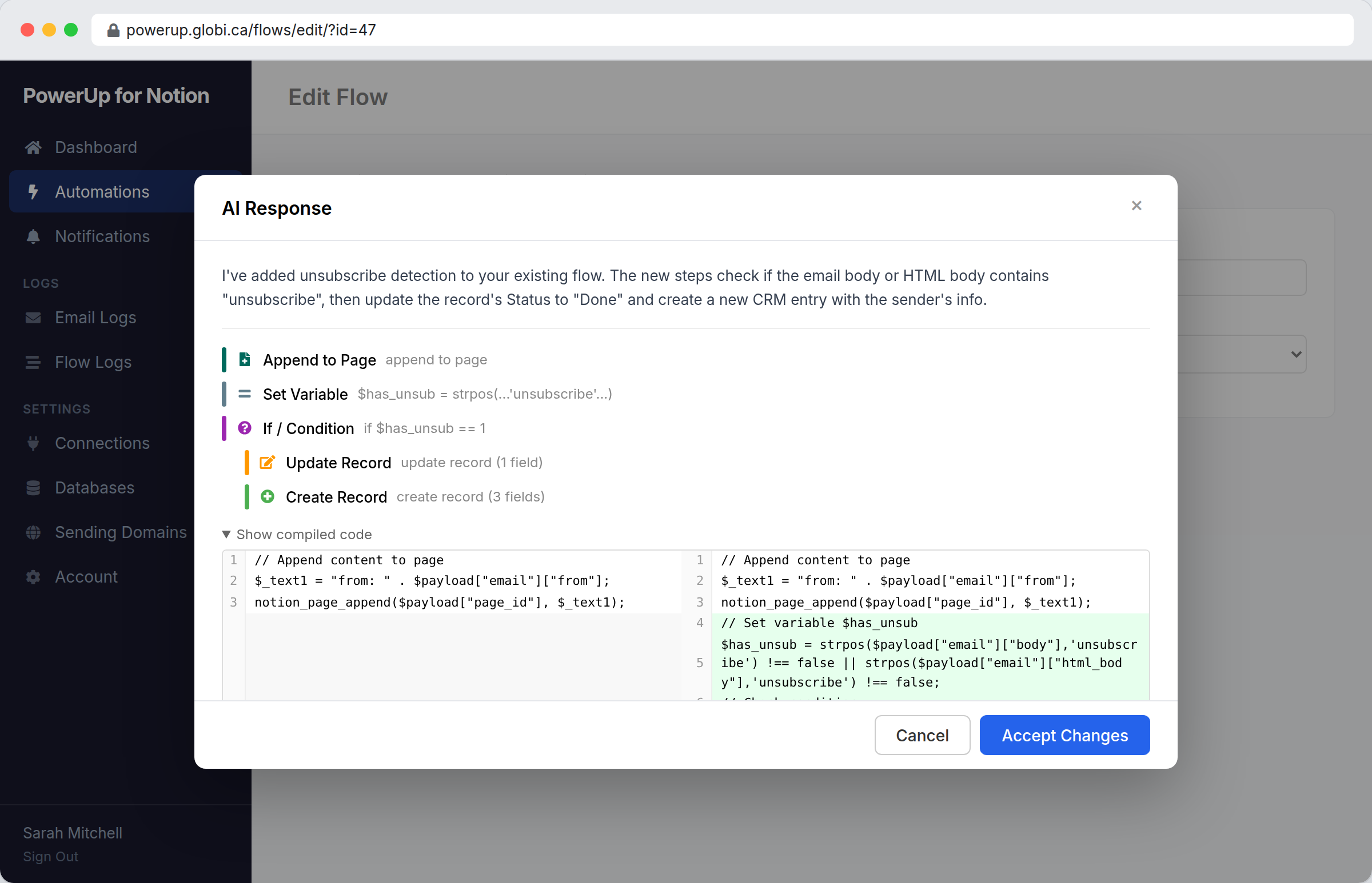 PowerUp AI assistant generating automation steps from a plain English description